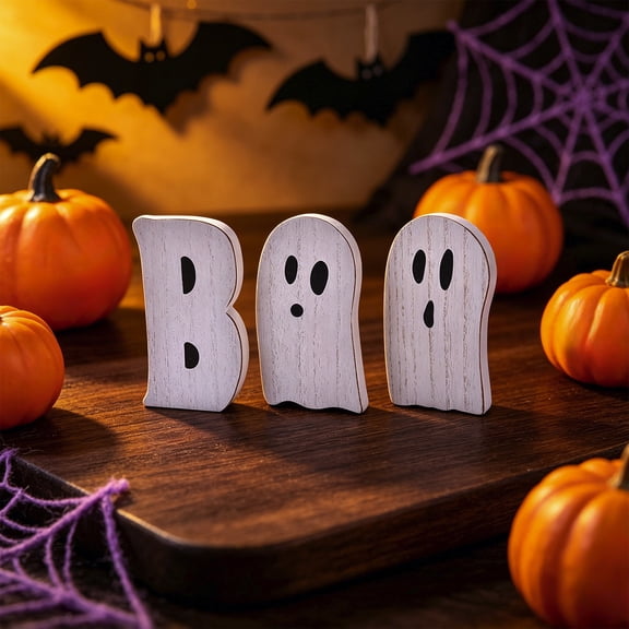 3 Pack Vintage B-O-O Ghost Wooden Tabletop Signs, Distressed White Wood Halloween Tiered Tray Decor, Retro Spooky Ghost Letter Block Ornaments for Farmhouse Mantel Shelf Halloween Home Decor