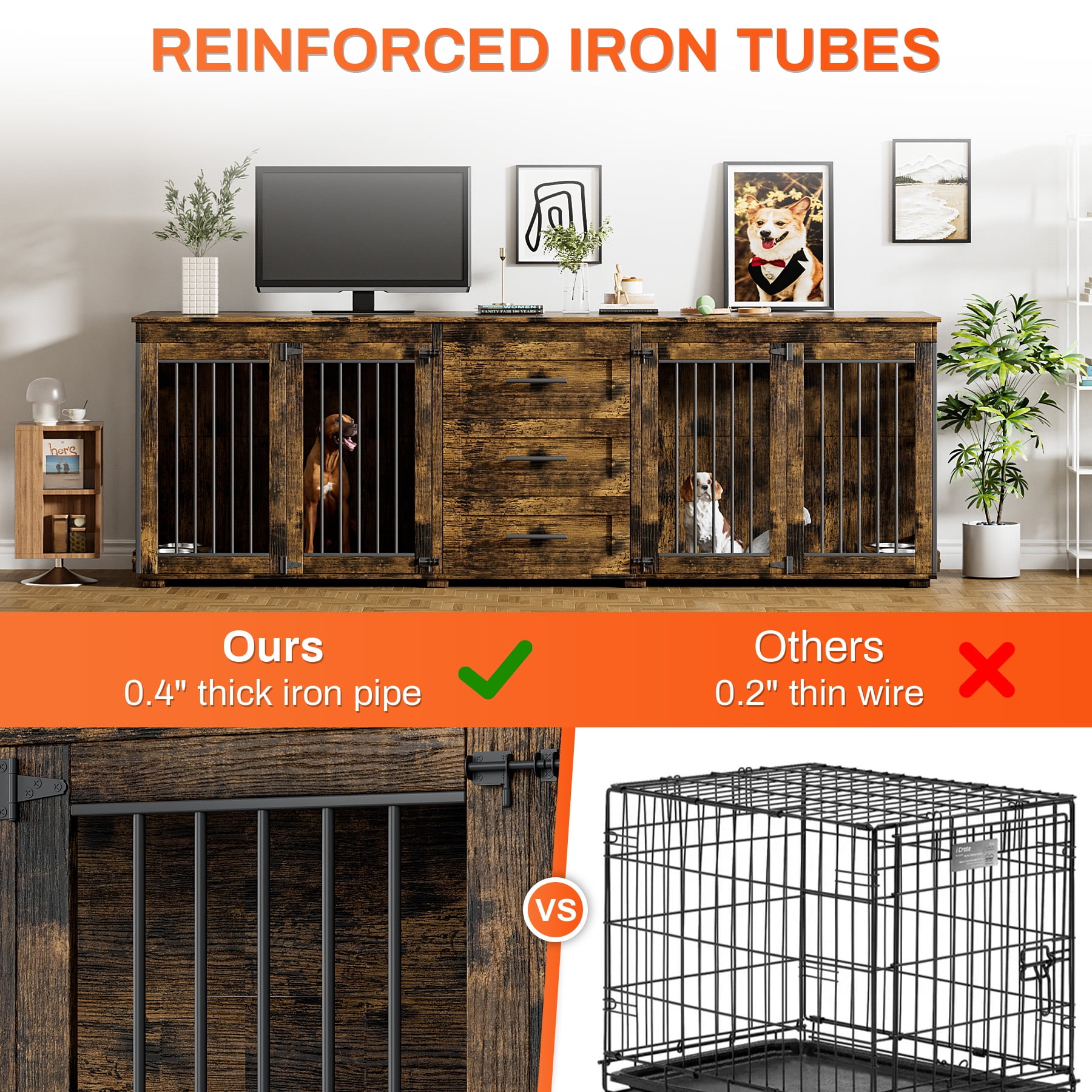 Rophefx 95.4" Dog Crate Furniture for 2 Dogs,Large Kennel with 3 Drawers and 4 Bowls,Wooden Heavy Duty Indoor Dog House,Brown