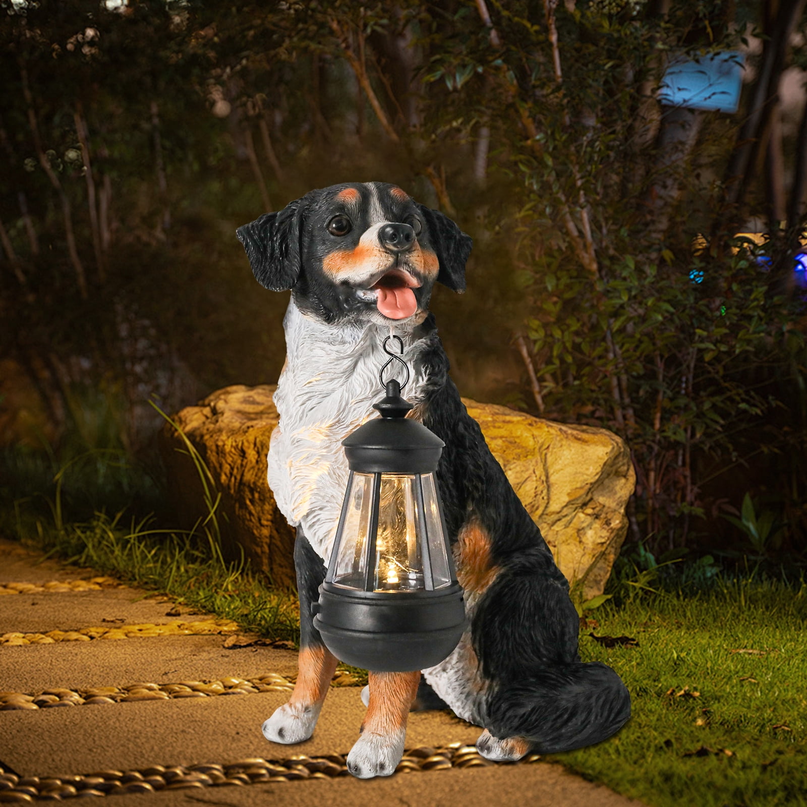 Garden Statue,Bernese Mountain Dog Garden Statue with Solar Lantern – Resin Decor for Patio, Lawn & Outdoor Spaces,Outdoor Decor