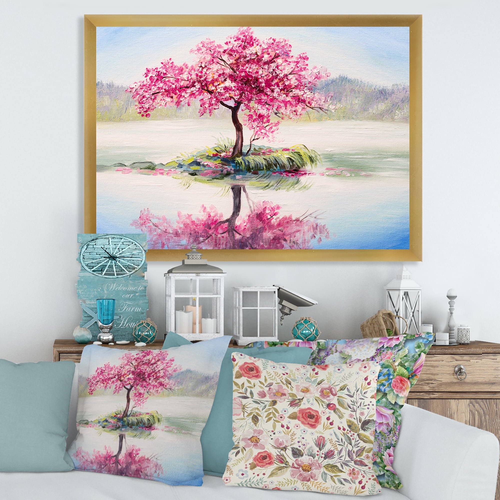 Designart 'Oriental Cherry Pink Tree Sakura On The Lake' Lake House Framed Art Print