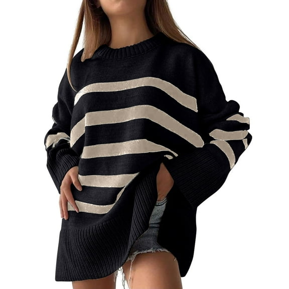 Duoif Womens Sweaters Women's Striped Round Neck Sweater - Loose Knit Winter Pullover Sweaters for Women Black L