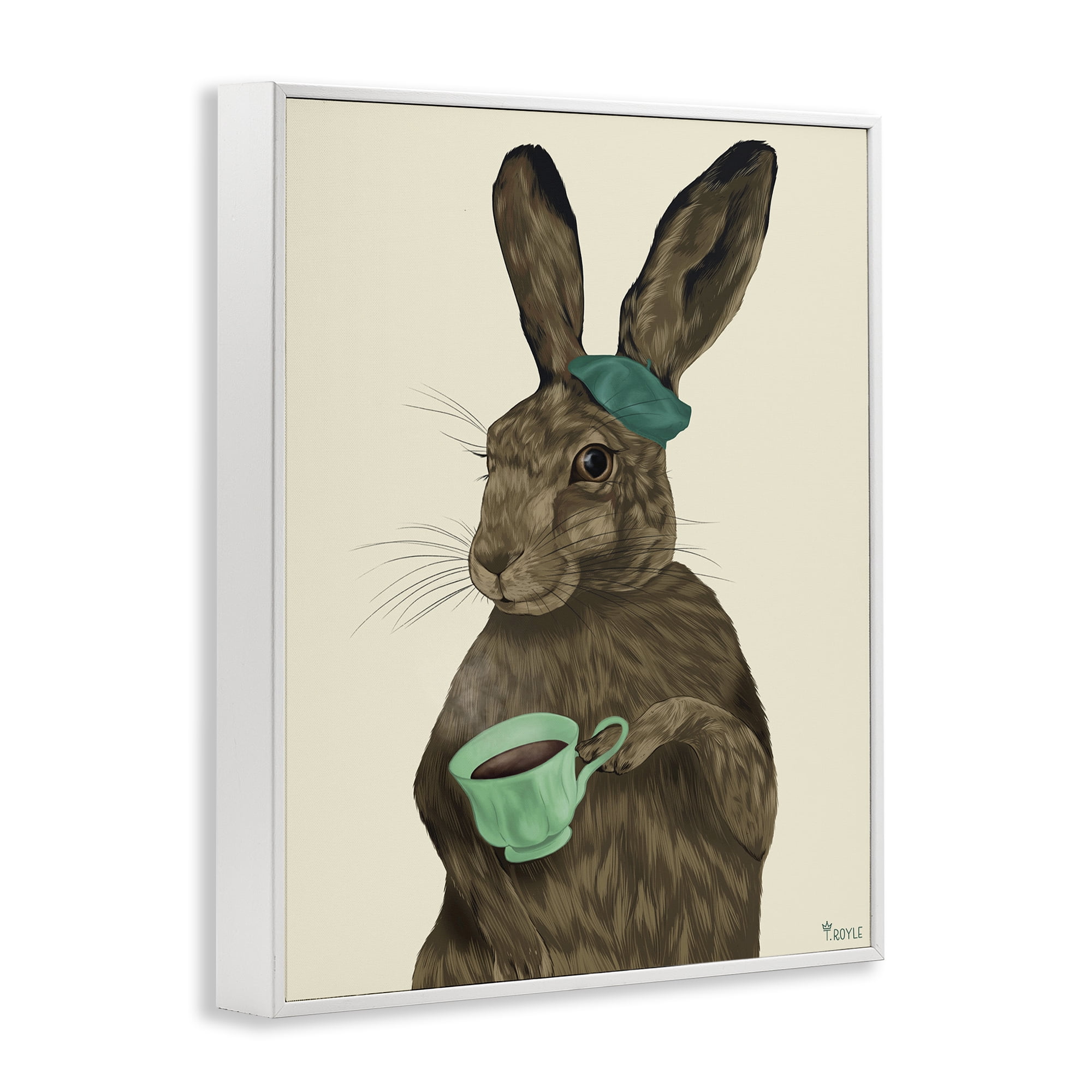 Stupell Industries Rabbit & Green Teacup Animals & Insects Painting White Framed Art Print Wall Art, 24 x 30