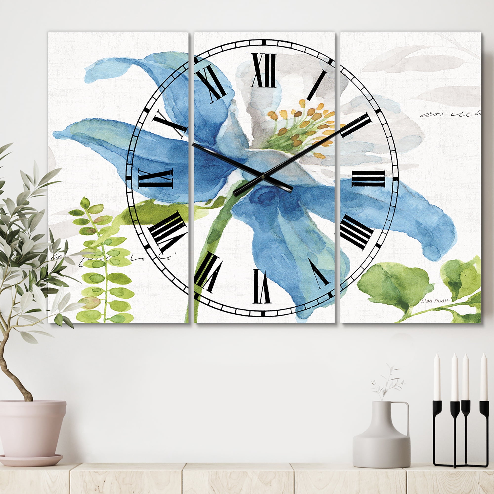 Designart 'Blue Columbine Wild Flower with Ferns' Traditional Wall Clock