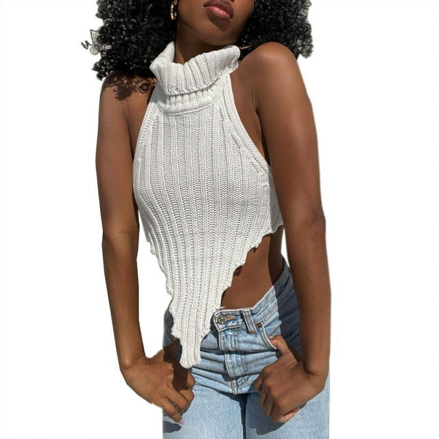 Blusa de punto con cuello alto y espalda descubierta, cuello alto, espalda abierta, dobladillo irregular, cuello alto