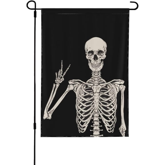 Funny Skeleton Garden Flag 12 x 18 Inch Double Sided, Black Skull Halloween Yard Flag for Outdoor Porch Lawn Patio Garden Gothic Holiday Decor