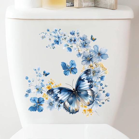 CCOCC 2 Sheets Blue Butterflies Flower Toilet Stickers Wall Art Decals|Butterfly Removable Vinyl Peel and Stick Wall Stickers for Toilet Lid Bathroom Restroom Wc Bathtubs Door Furniture Home Decor