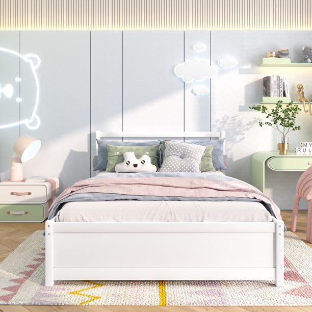 uhomepro White Full Bed Frame for Girls Boys, Pretty Platform Bed Frame