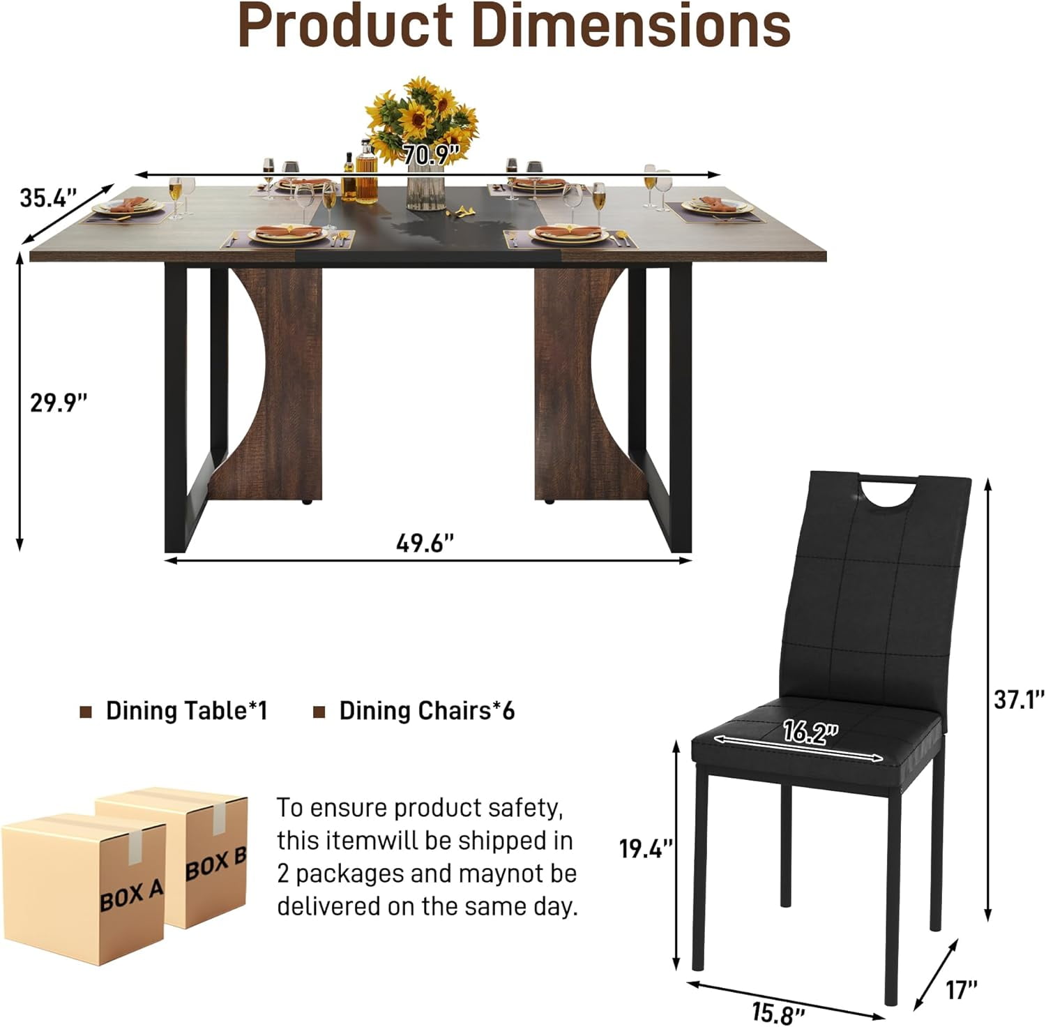 ChVans 7 Pcs Dining Table Set for 4-6 People with Chairs,70" Kitchen Dinner Table W/Waterpoof Wooden Tabletop,6 PCS Upholstered PU Chairs,Rectangular Wood Tables W/Adjustable Leg for Home Dining Room