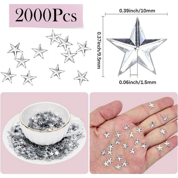 2000Pcs Acrylic Star Embellishments Flat Back Plastic Gems 10 x 9.5mm Silver Five-Pointed Stars Cabochons for Jewelry Making DIY Craft Clothing Shoes Hairband Christmas Decor Accessories