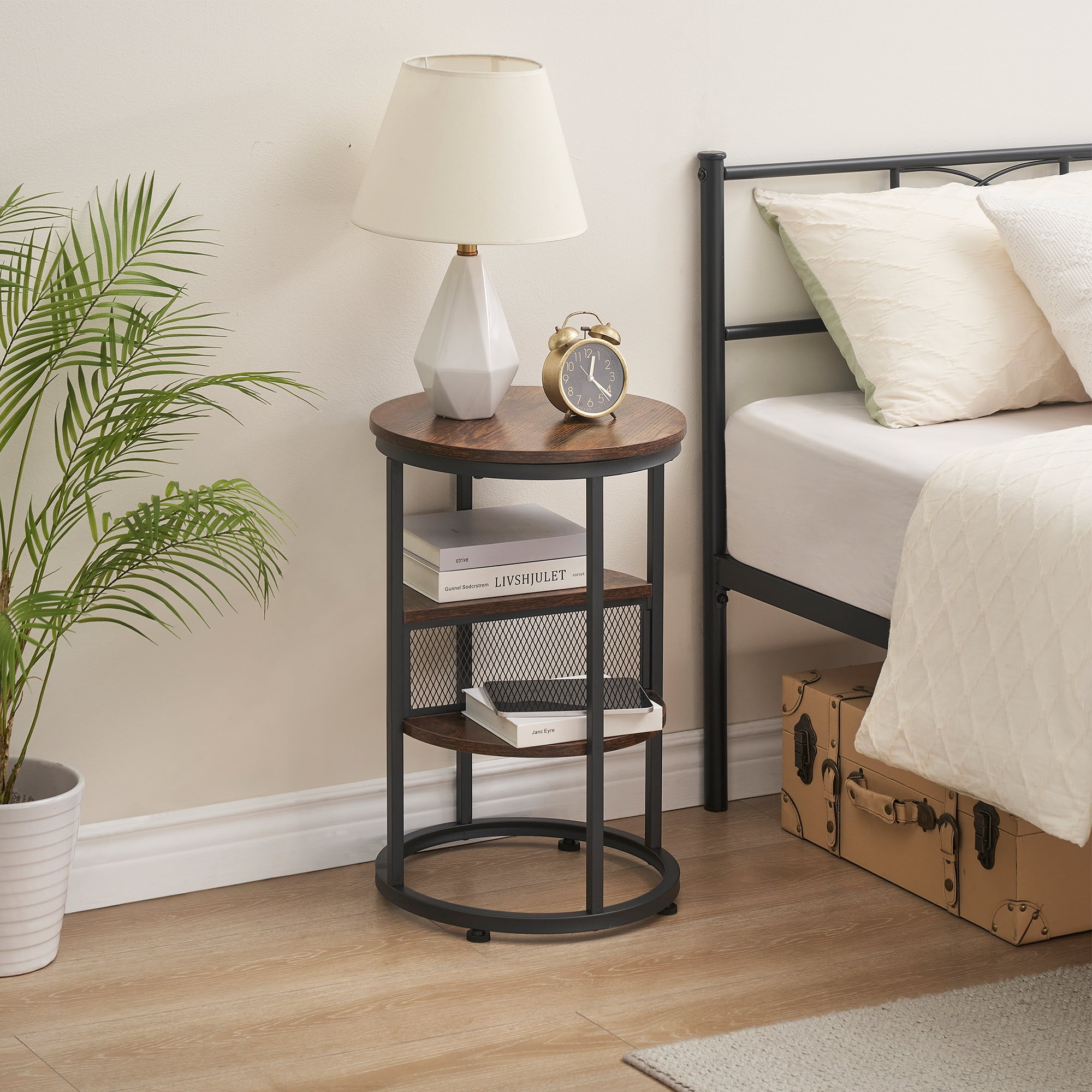 HOMEFAN Round Side Table with Storage, Black Wooden End Table with 3