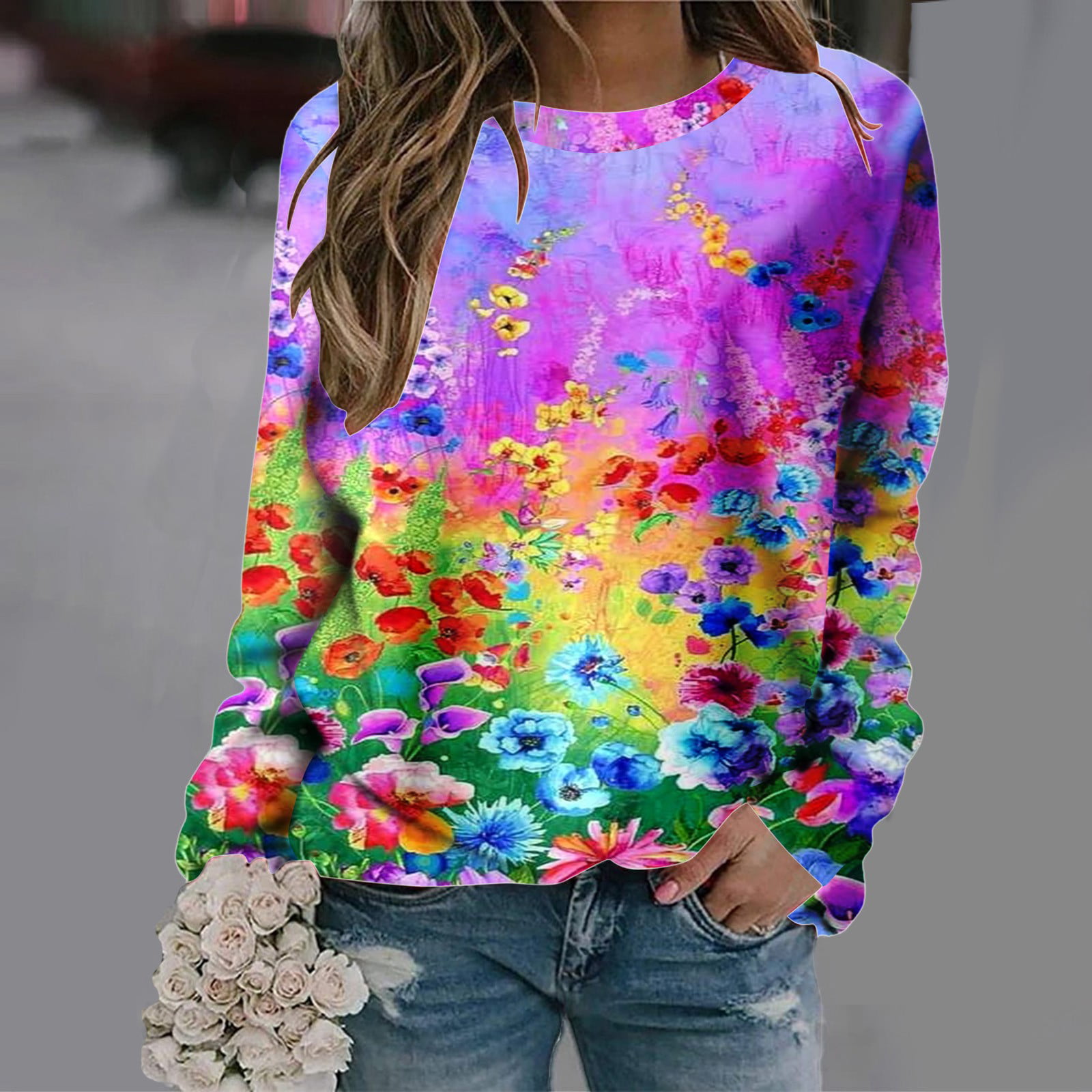 Puimentiua Women Round Neck Long Sleeve Pullover Sweatshirt Print Casual Top Jumpers Oversized Sweater 