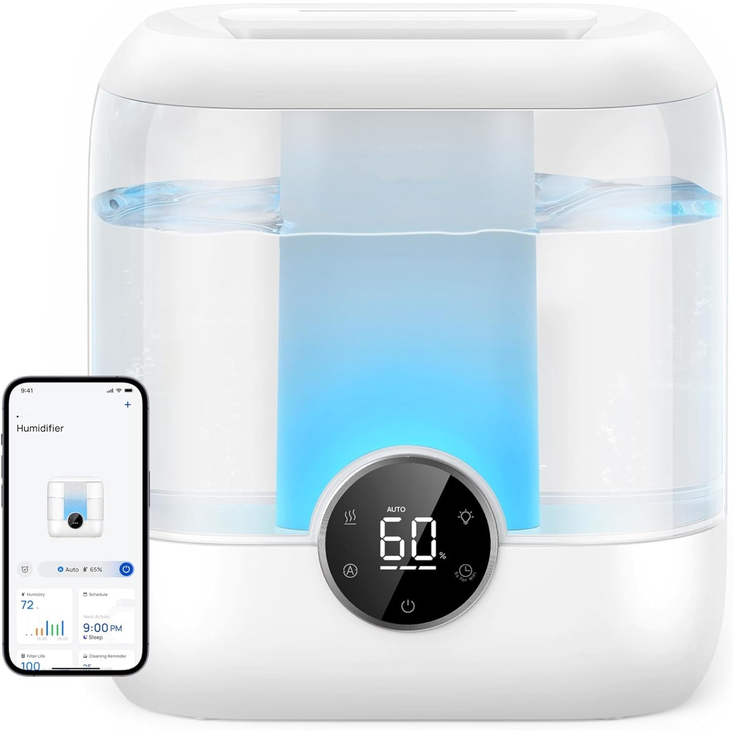 Smart Humidifiers for Bedroom, 6L Top Fill Supersized Cool Mist Humidifier for Large Room, 60 Hour Runtime, Quiet Ultrasonic Humidifiers for Plants, Baby, Indoor, Home, Night Light, White