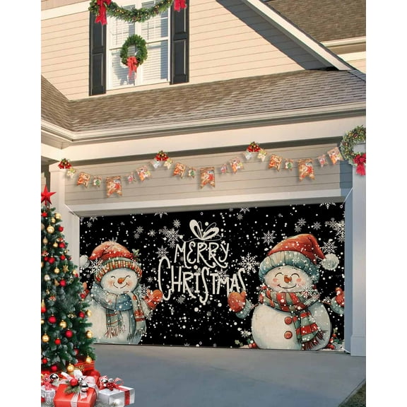Garage Door Banner Cover 6 x 13 ft, Christmas Vintage Watercolor Snowflakes Snowman Black Christmas Garage Door Decorations Holiday Christmas Backdrop Decor for Winter New Year Xmas Party