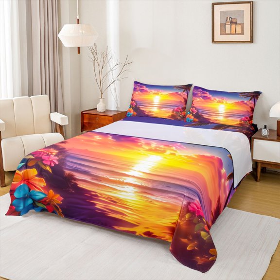 jejeloiu Ocean Sunset Waves Bed Sheets For Girls,Tropical Flower Accent Full Size Sheets,Purple Orange,4pcs,1 Flat Sheet, 1 Fitted Sheet and 2 Pillowcases