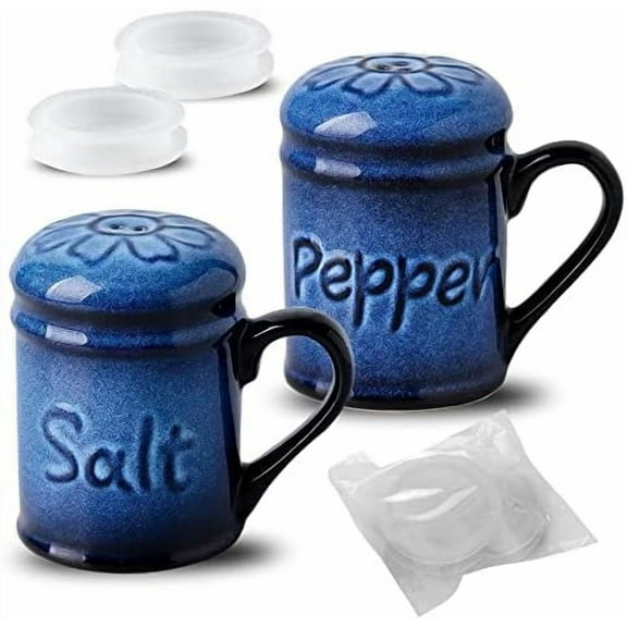 Ceramic Cute Salt and Pepper Shakers Set: 2.6 Inch Salt and Pepper Set/Sugar Salt Shaker with Handle for Counter -Resist Rusting Seasoning Shaker -Elegant Black & Blue (Set of 2)