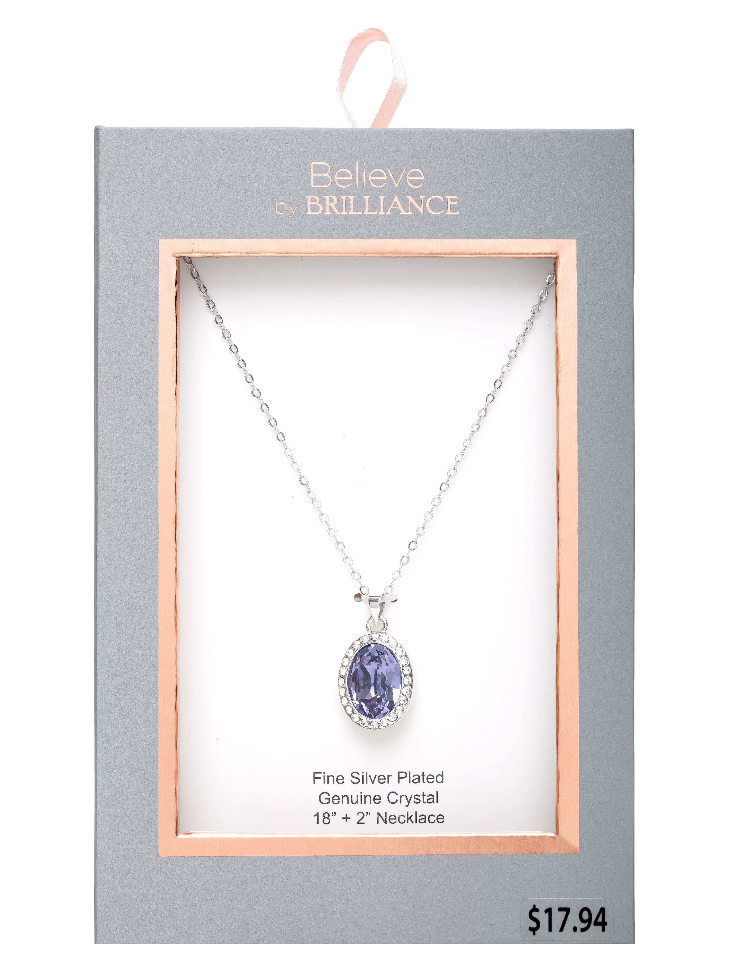 Believe by Brilliance Women's Fine Silver Plated Oval Purple Crystal Pendant, 18" + 2" Chain