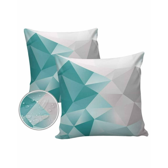 Pack of 2 Outdoor Pillow Covers, Teal Blue and Grey Geometric Abstract 3D Art Waterproof Square Throw Pillowcase Cushion Decorative Pillow Covers for Couch Patio Tent, 18x18 in