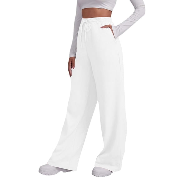 JGGSPWM Women's Wide Leg Sweatpants Solid Color Drawstring Baggy Sweatpants High Waisted Casual Trousers Jogger Pants White S