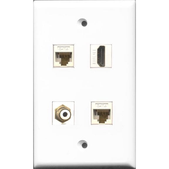 RiteAV 1 Port HDMI and 1 Port RCA White 2 Port Cat6 Ethernet White Wall Plate