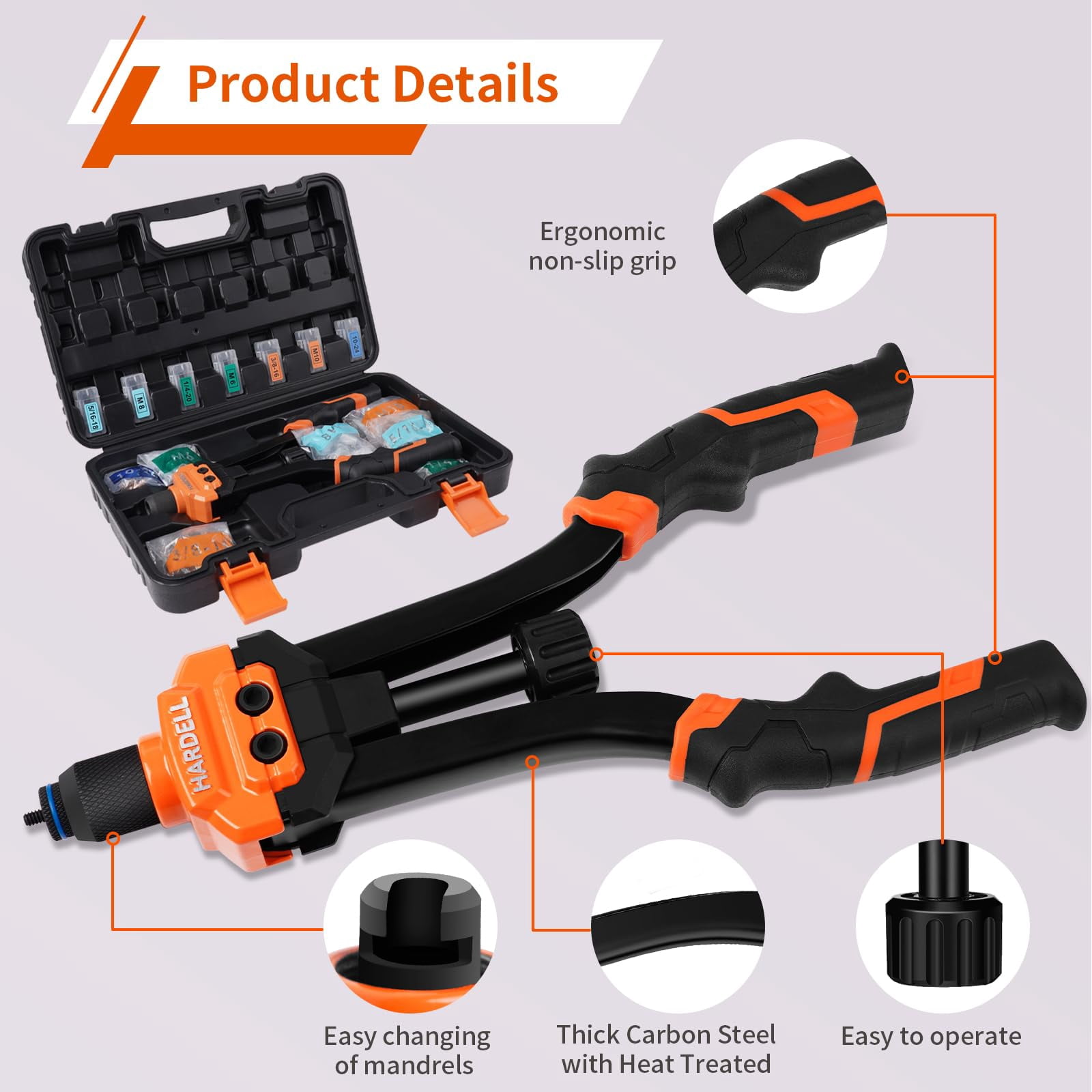 Rivet Nut Tool  14" Rivnut With 100 Nuts And 7 Metric & Inch Mandrels M6 M8 M10 1/4-20 5/16-18 3/8-16 10-24 Rugged Carrying Case