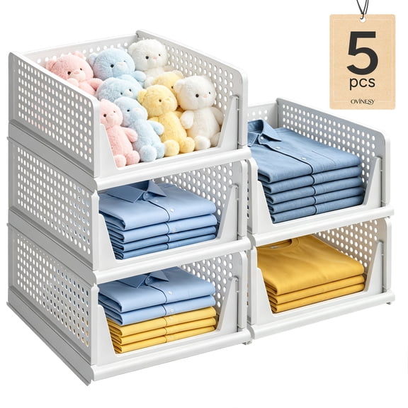 OVINESY Stackable Storage Baskets for Closet Organization, 5 Pack Foldable Closet Organizer Bins, 28QT Large Capacity Storage Bins for Clothes, Ideal for Shelves, Bedroom, Dorm, and Apartment