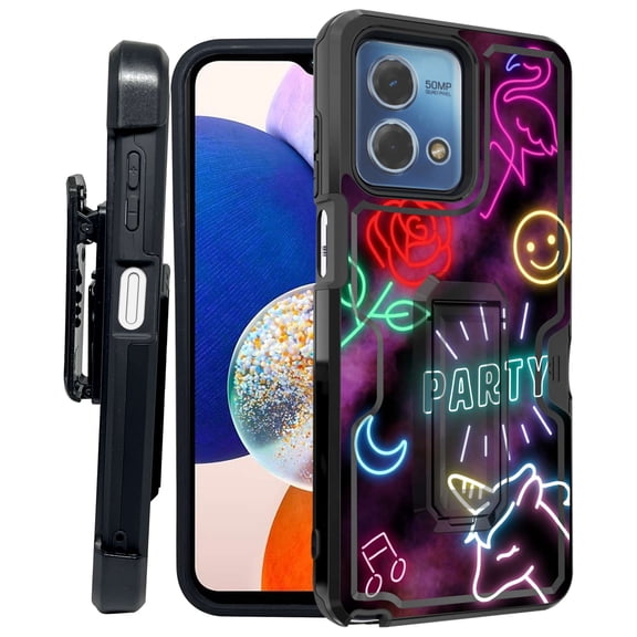 ANJ  Rugged Shockproof Kickstand Hybrid Case with Card Slot and Holster   Tempered Glass Cover for Motorola Moto G Stylus 5G (2023) - Party Neon Signs