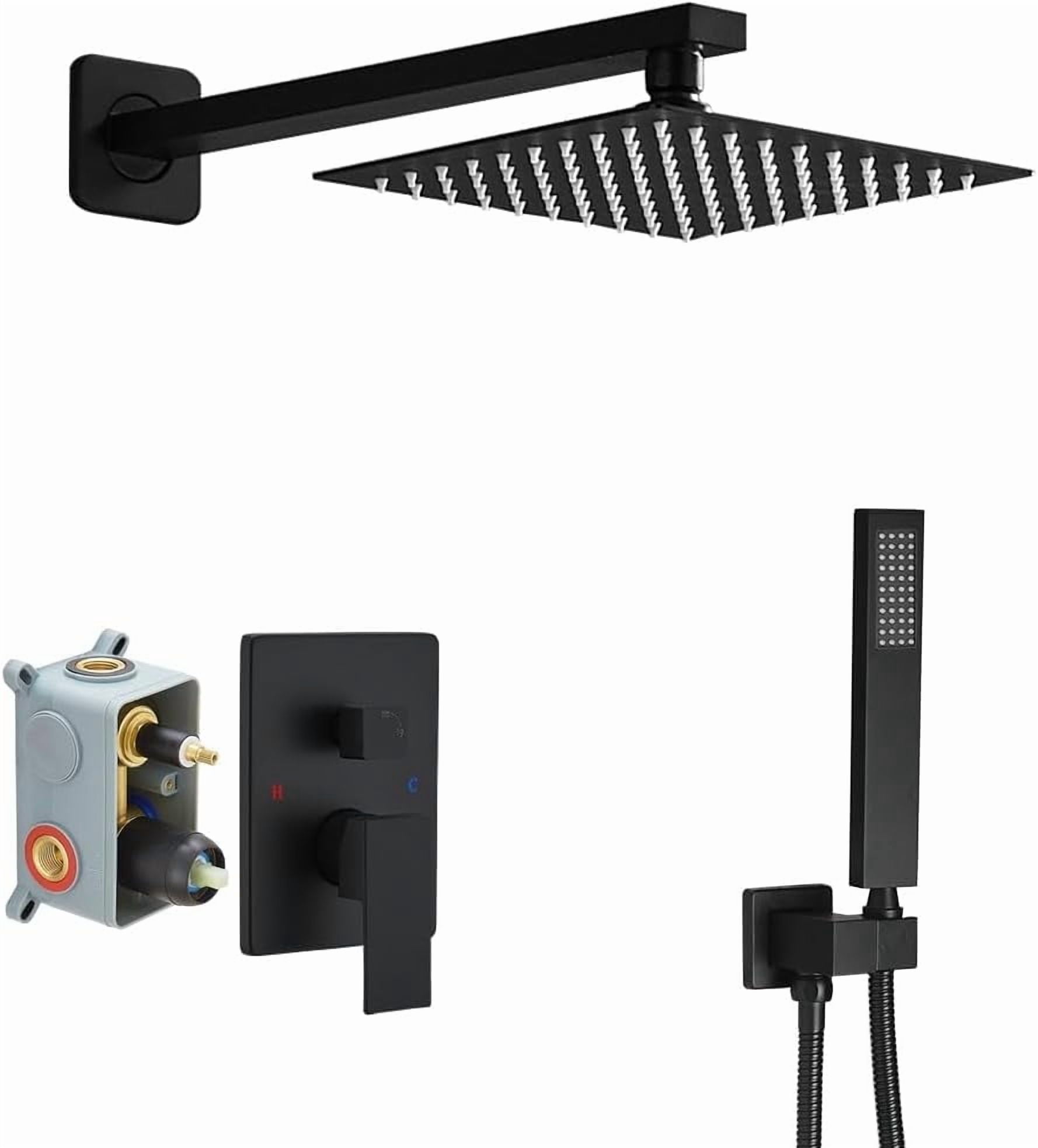 Matte Black Shower Faucet Set with Square Rain Shower Head, Single Function Trim Kit, Rough-in Valve Included, Extra Long Arm, Modern Bathroom Hardware