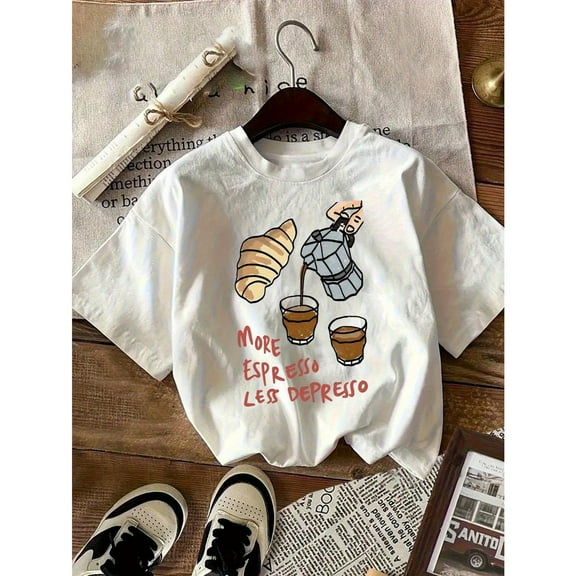 Cotton Womens Coffee Humor Graphic Tee Funny T Shirt Tops Short Sleeve Round Neck White S-5XL