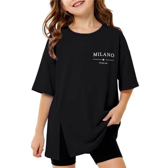 YM Cute Girls Shirts Black for 15-16 Years,Girls Split Short Sleeve T Shirt Round Neck Casual Tee Top for Kids Comfortable Soft Daily Wear