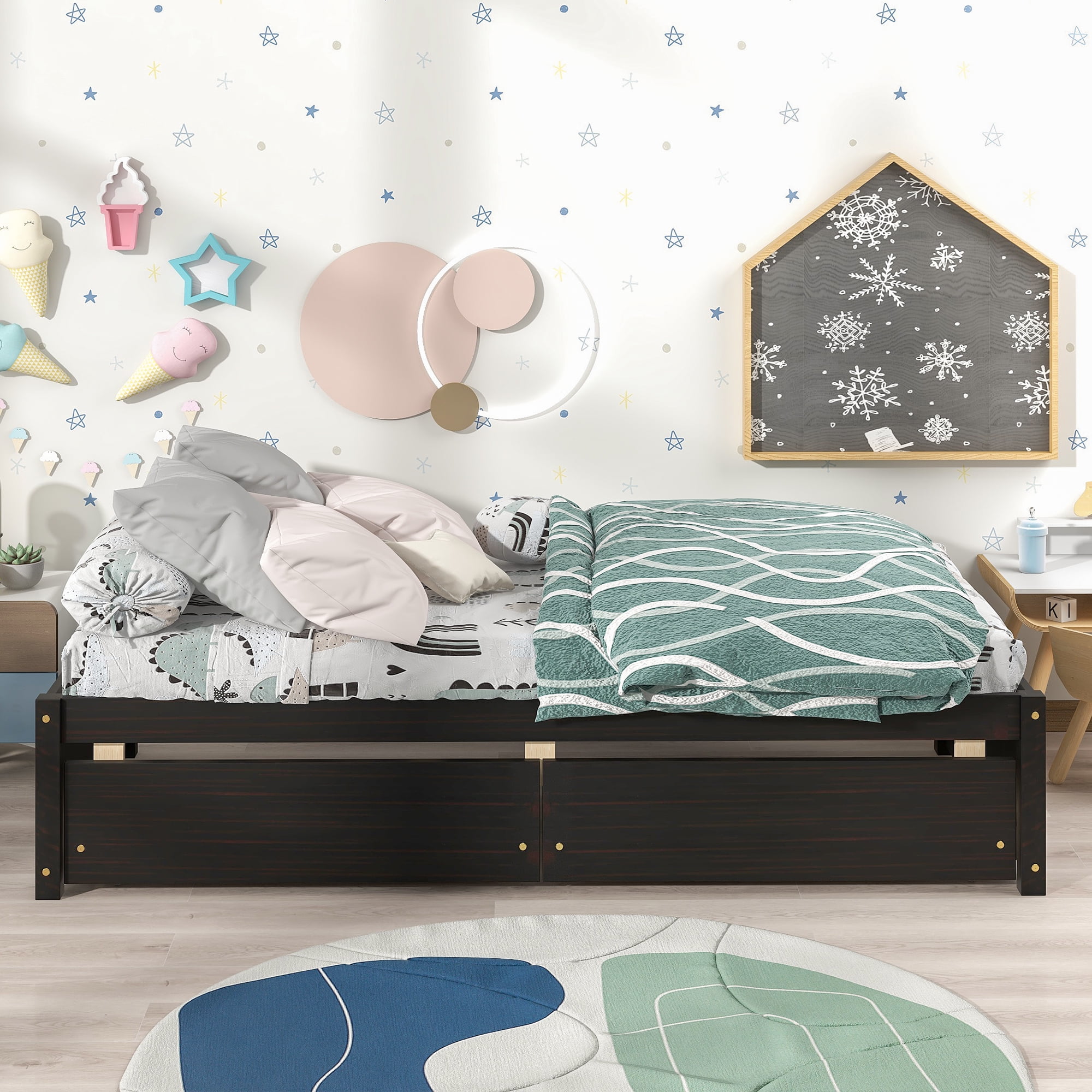 DEALTOPS Twin Bed with 2 Drawers Solid Wood Bed Frame with Storage for Kids Teen Adults, Espresso