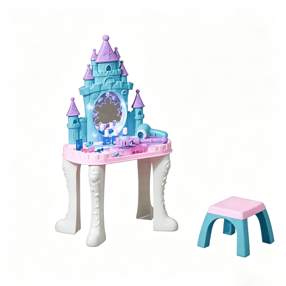 Girls Vanity Set, Castle Design Makeup Table with Mirror, Stool, Light, Music for 3-6 Years Old, Multicolor