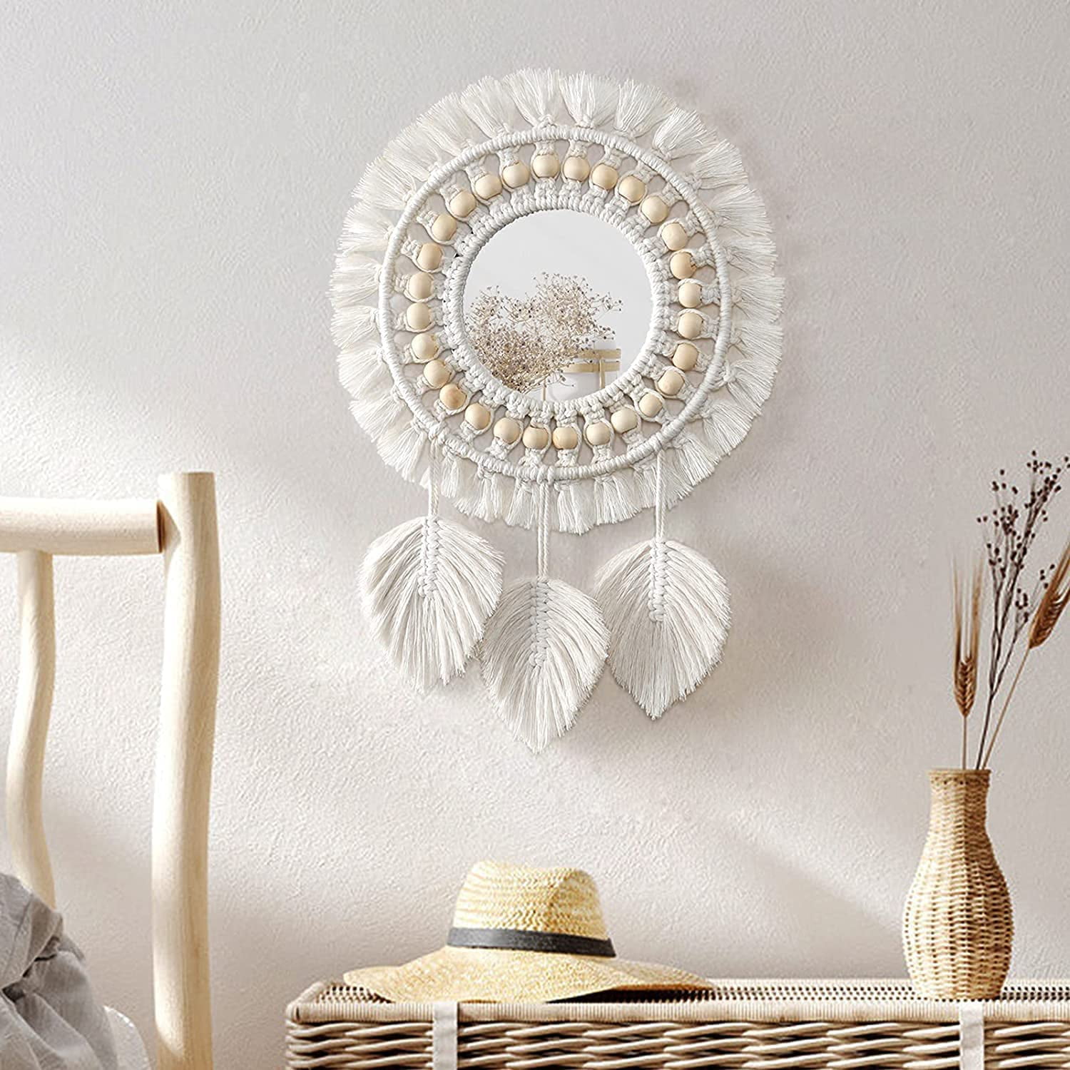Qalabka Bohemian Round Mirror with Lace Trim & Wood Bead Accents Wall-Mounted Home Decor 1 Piece