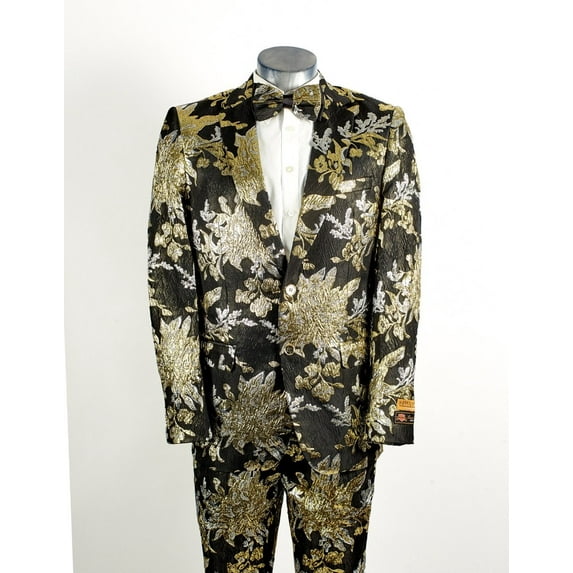 Mens 2 Button Black, Silver, & Gold Foil Floral Paisley Prom and Wedding Tuxedo By Alberto Nardoni Brand Designer