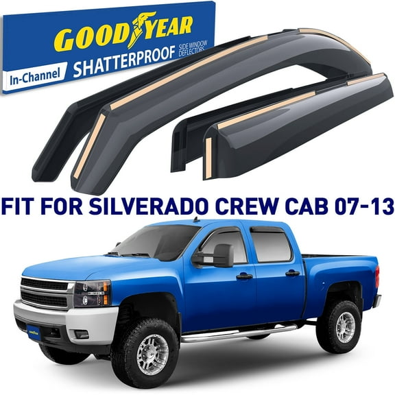 Goodyear Shatterproof in-Channel Window Deflectors for Trucks Chevrolet (Chevy) Silverado/GMC Sierra 2007-2013 Crew Cab, Rain Guards, Window Visors, Vent Deflector, Truck Accessories, 4 pcs.-GY003400