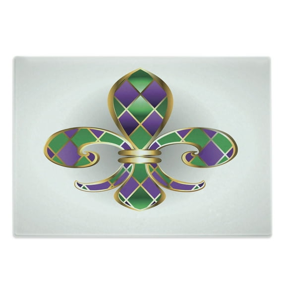 Fleur De Lis Cutting Board, Golden Yellow Colored Lily Diamond Shapes Royalty Theme, Decorative Tempered Glass Cutting and Serving Board, Large Size, Purple Green, by Ambesonne