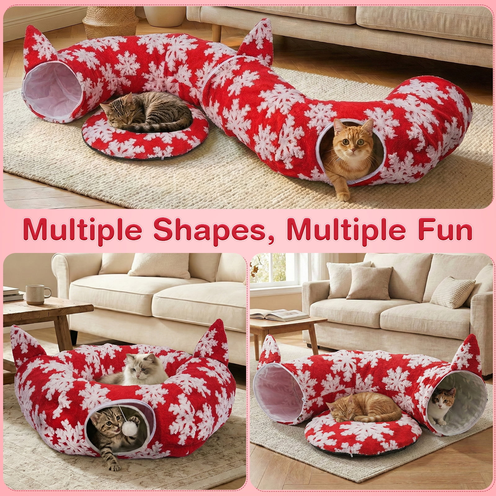 Hutact 3-in-1 Cat Tunnel with Cushion Cat Bed, 36in Cat Tunnel with Cushion Fleece Festive Red Snowflake – Detachable, Foldable, for 1-2 Cats Exercise Playing Sleeping, Red