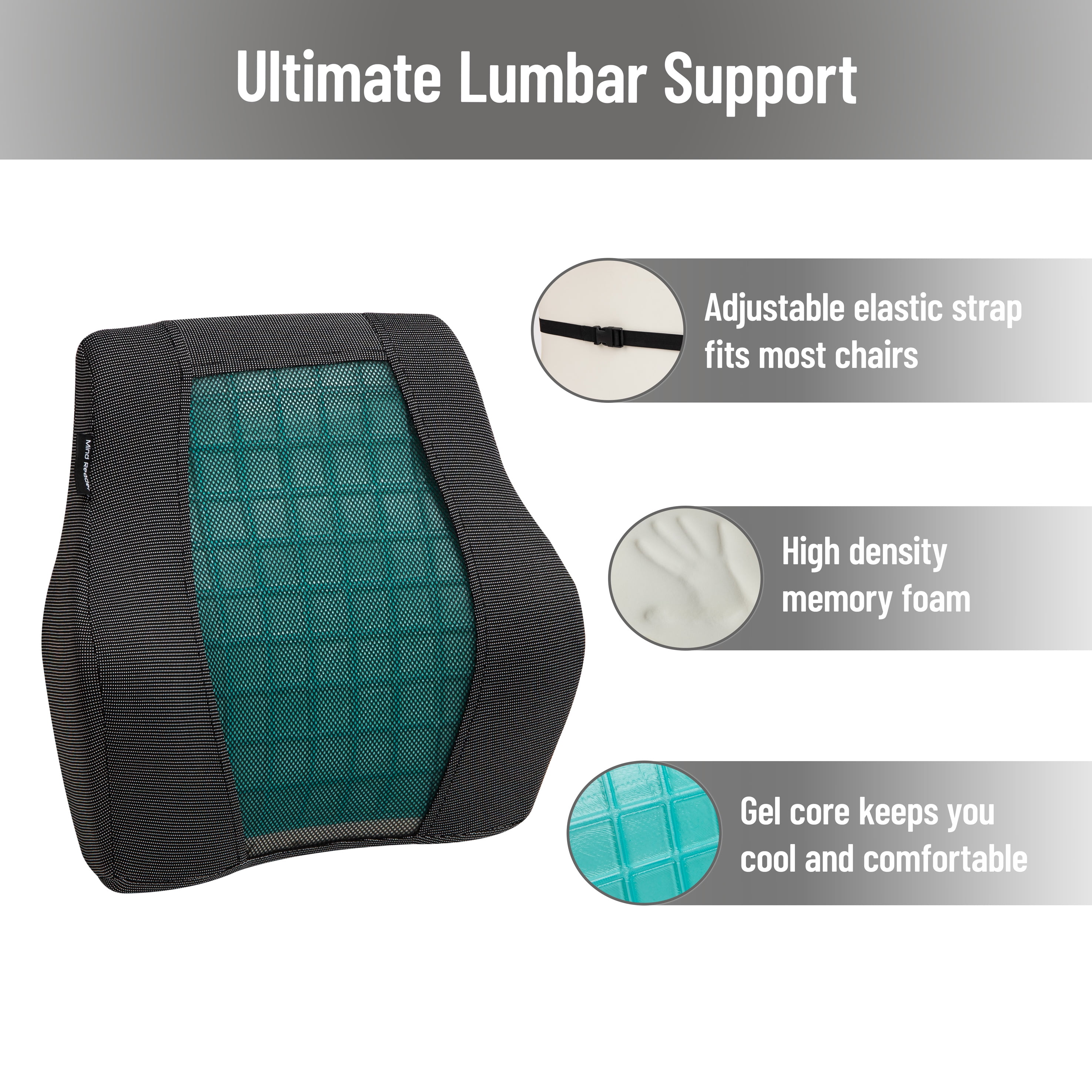Mind Reader Lumbar Support Cushion for Office Chair, Memory Foam and Cooling Gel Core, Black