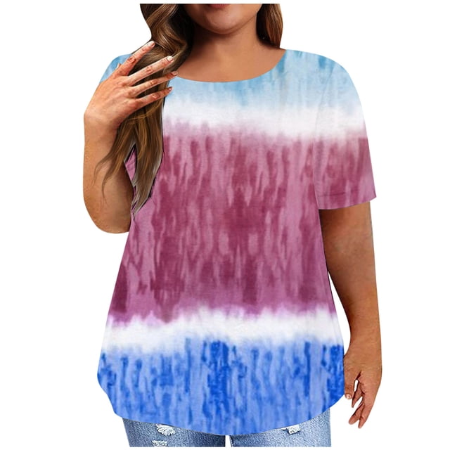 Hauts Grande Taille pour Femmes Imprimé Tendance Col Rond Manches Courtes Chemises Décontractées Amples Confortables Été Sorties Blouse Tees