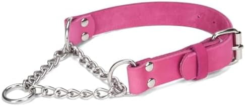 Martingale Collar for Dogs No-Pull Adjustable Training Collar with Stainless Steel Chain - Genuine Leather Anti-Slip Design for Small,Medium,Large Breed Dogs - Pink (S)