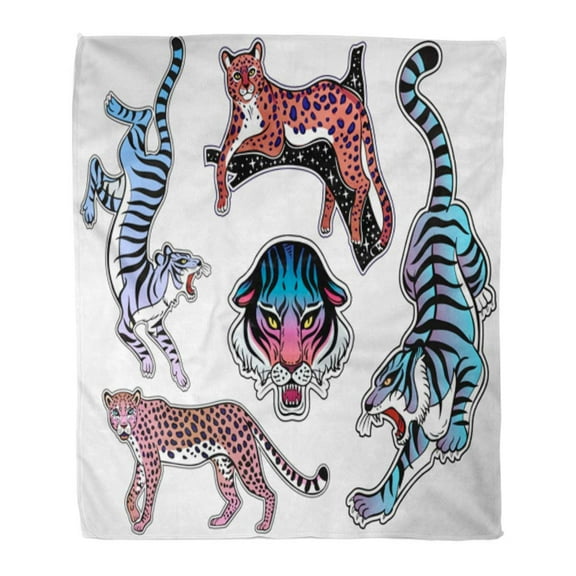 ASHLEIGH Throw Blanket Warm Cozy Print Flannel Neon Pop Wild Cat Designs Flash Tattoo Patches Traditional Comic Pins Comfortable Soft for Bed Sofa and Couch 50x60 Inches
