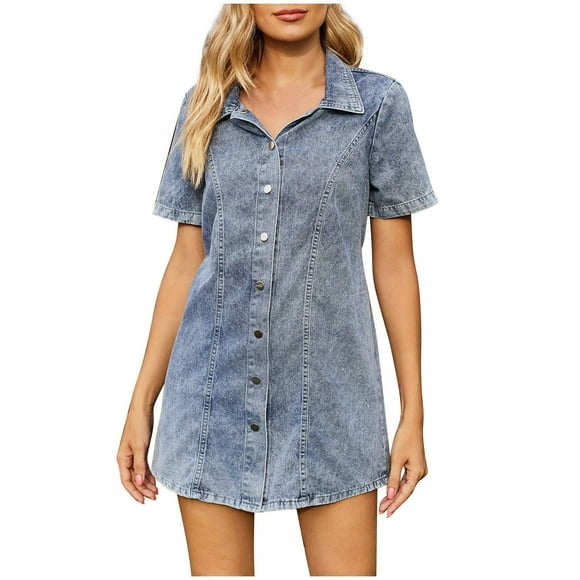 AherBiu Denim Dresses for Women Short Sleeve Button Down Lapel Elastic Waist Jean Short Dress Streetwear
