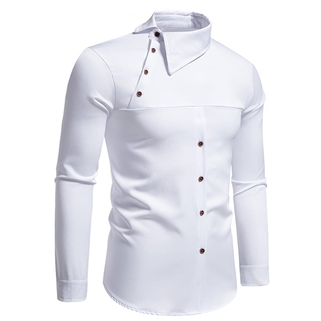 ylioge Mens Long Sleeve Shirts Slim-Fit Button Asymmetric Collared Tshirts Shirt Trendy Pullover Solid Color Business Work Tops