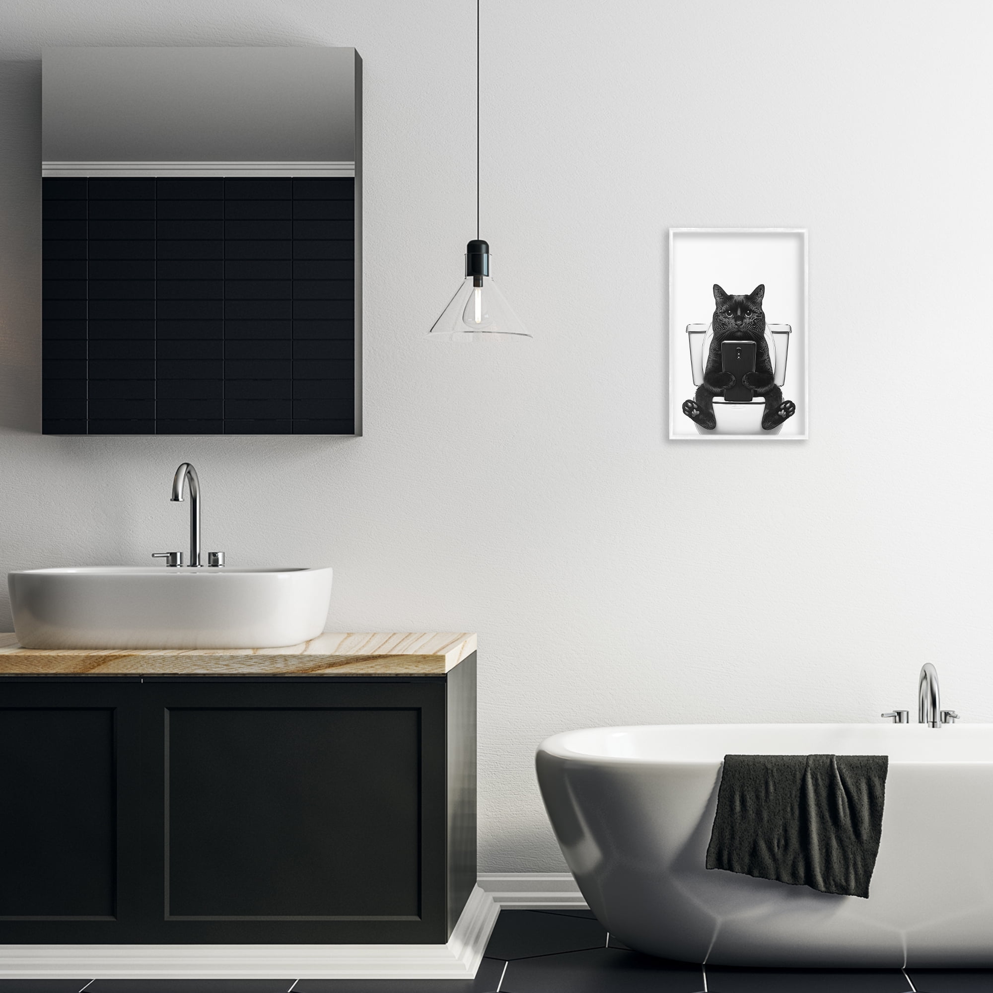 Stupell Industries Cat Texting on Toilet Typography Painting White Framed Art Print Wall Art, 12 x 18