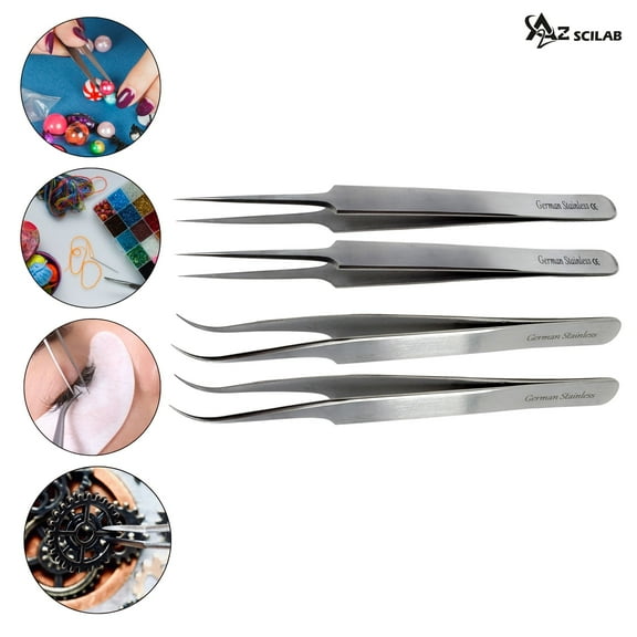 A2Z Pro 4 Pcs Straight Curved Tweezers, Sticker Tweezers, Craft Tweezers, Eyelash Tweezers, Nail Art Rhinestone Tweezers