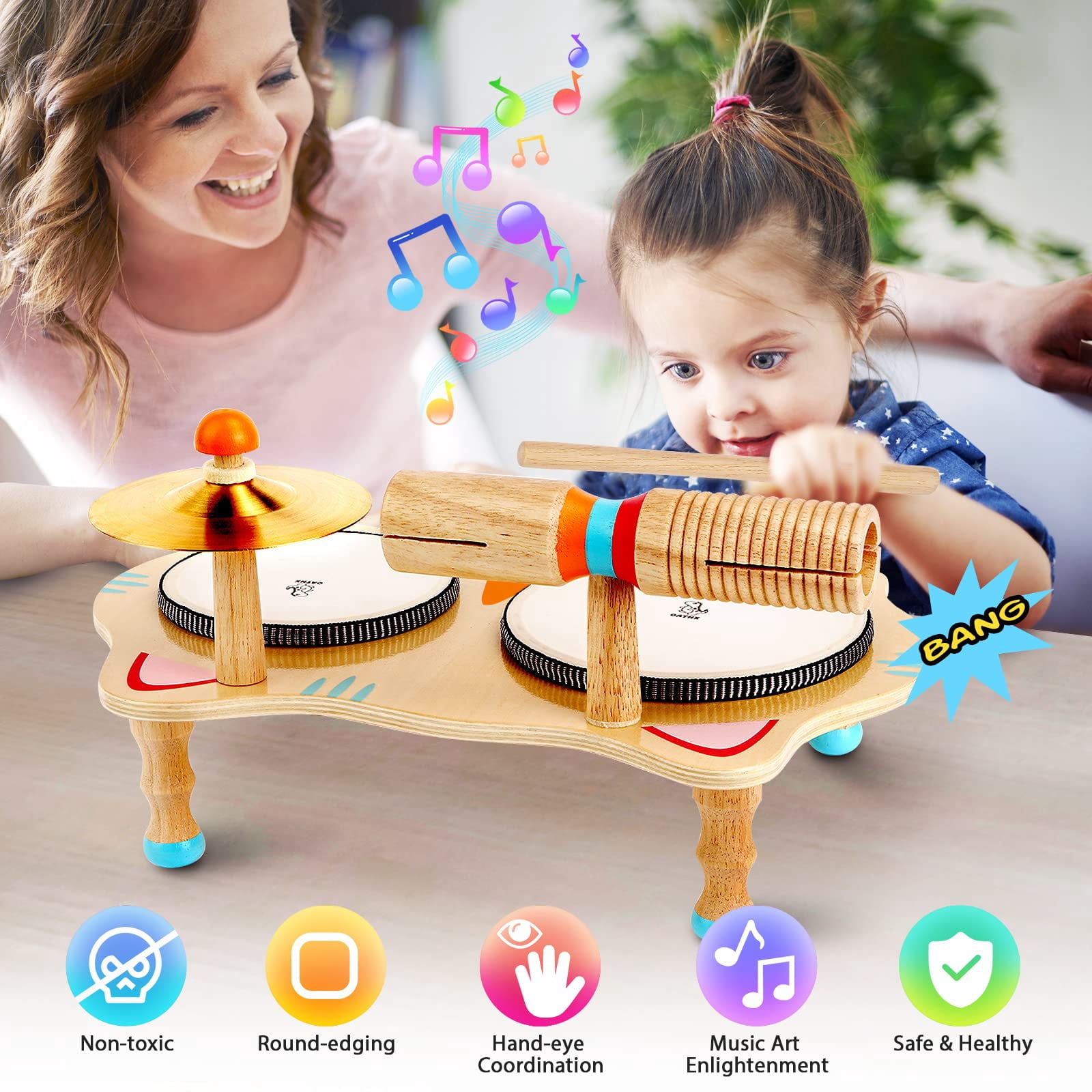 OATHX Toddler Educational Music Toys Kids Drum Set Wood Montessori Learn Baby Musical Instruments Birthday Gift