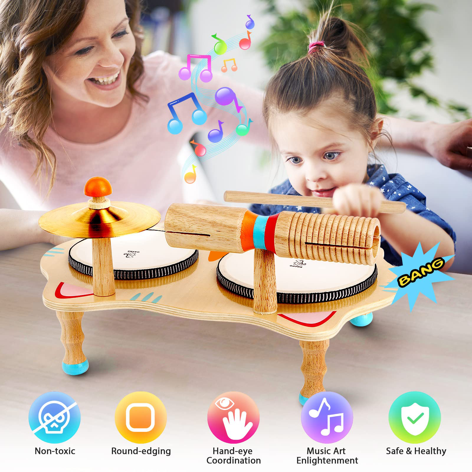 OATHX Montessori Wooden Drum Set for Toddlers photo 4