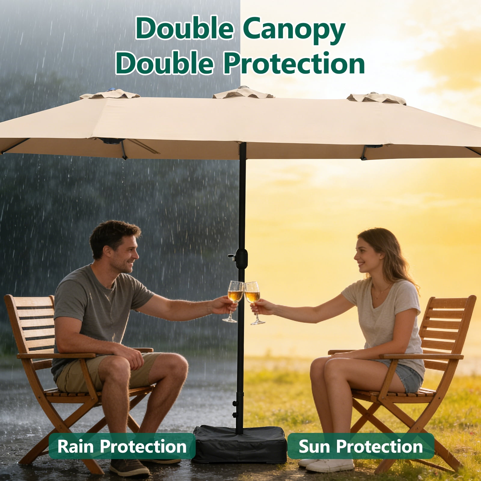 WLLJOY 15Ft Patio Umbrella With Base-Mounted, Foldable And Portable Outdoor Sunshade For Backyards, Beaches And Gardens, Khaki