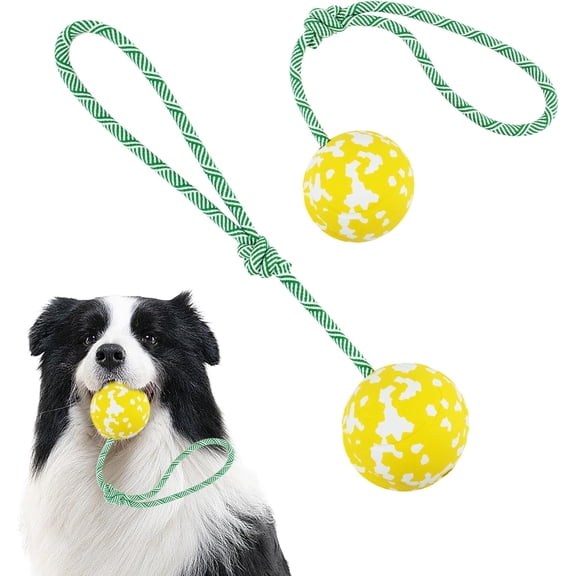 Dog Toy Ball on Rope, Aggressive Chewers Heavy Duty Ball - Nature Bamboo Fiber & Rubber, Chew/Tug/Fetch - Training, Reward and Exercise Toy -Medium Breeds