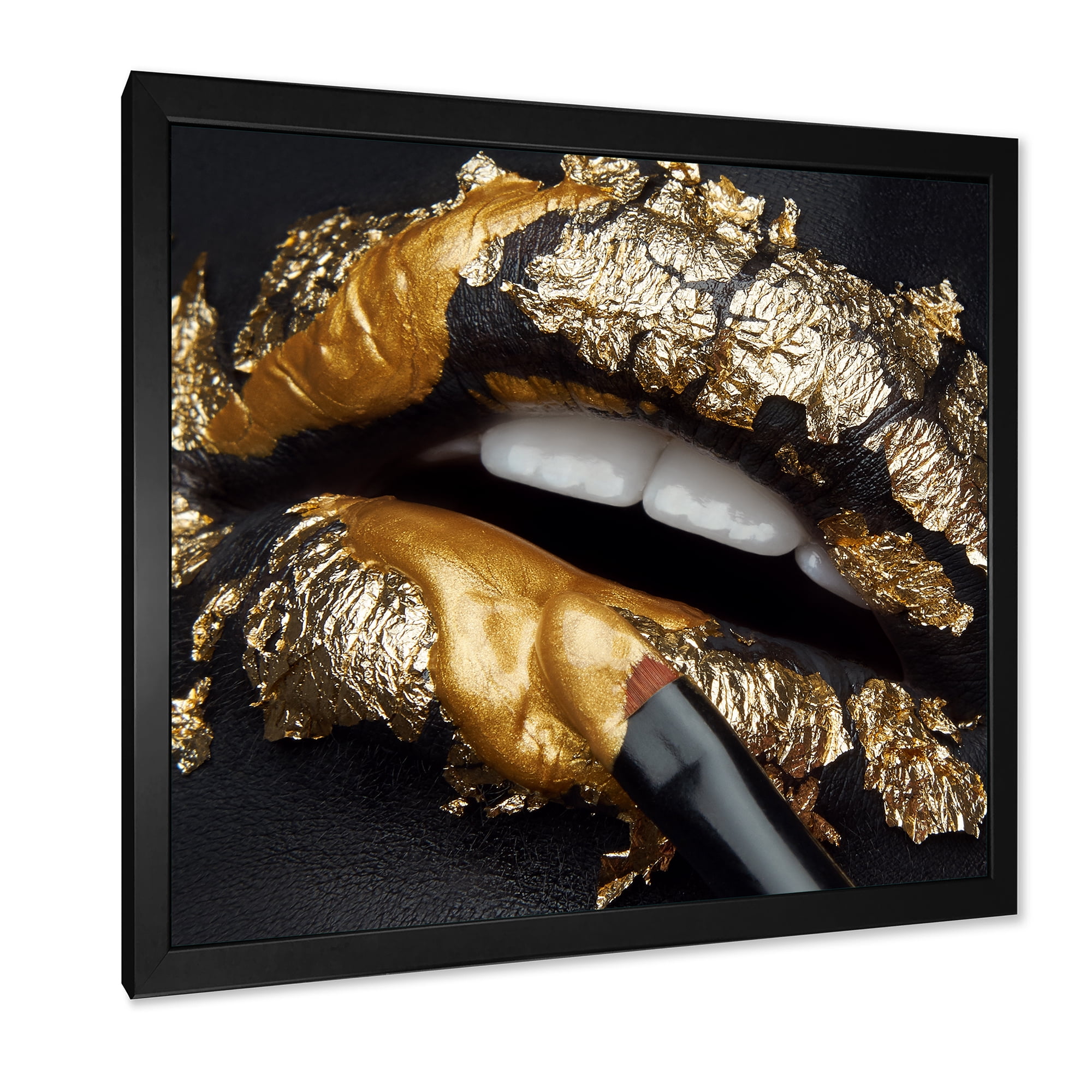 Designart 'Female Lips With Black Leather and Gold Foil' Modern Framed Art Print