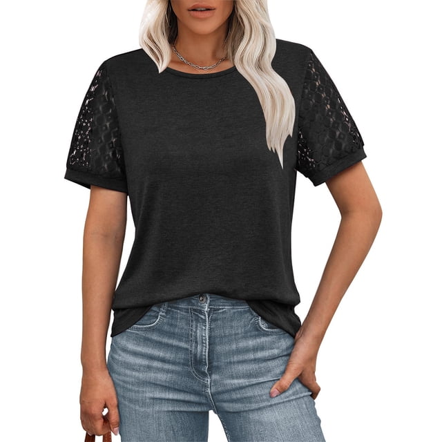 Camisas para adolescentes,Blusa informal holgada para mujer, cuello redondo, manga corta, patchwork de encaje de poliéster, color liso para uso diario, sopatenor